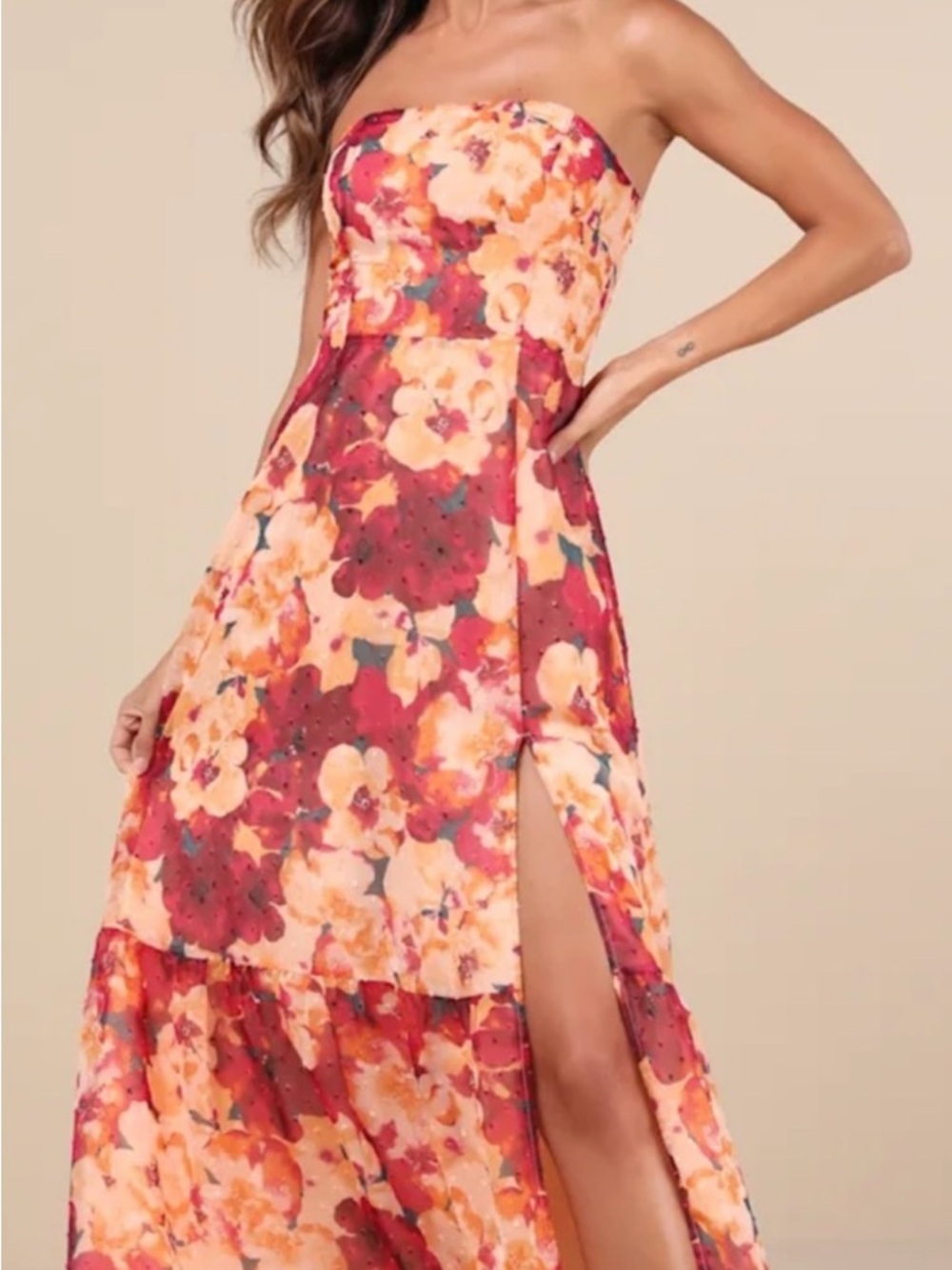 Lulu's Strapless Floral Maxi Dress in Peach and Raspberry